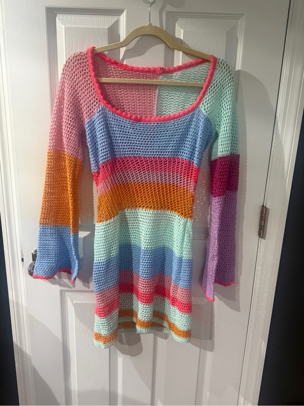 Multicolor Crochet Knit Scoop Neck Swim Coverup Dress